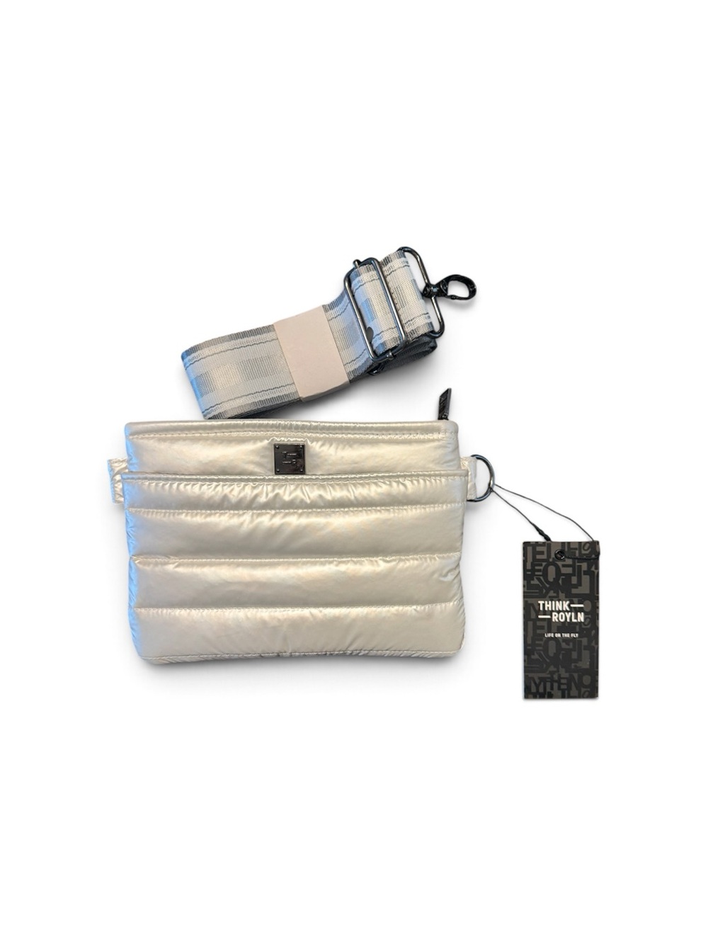 THINK ROYLN Metallic Silver Quilted Crossbody with Wide Strap